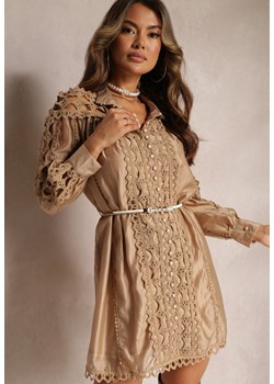 Beżowa Koszulowa Sukienka Mini z Paskiem w Stylu Vintage Butafa ze sklepu Renee odzież w kategorii Sukienki - zdjęcie 162791323