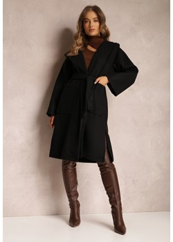 Czarny Płaszcz z Kapturem Wiązany w Pasie Kalni ze sklepu Renee odzież w kategorii Płaszcze damskie - zdjęcie 162809222