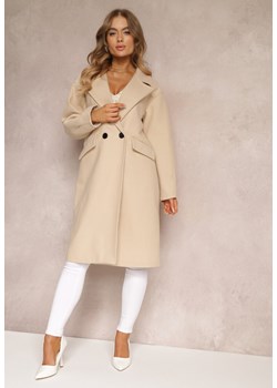 Jasnobeżowy Płaszcz Dwurzędowy Długi Tadde ze sklepu Renee odzież w kategorii Płaszcze damskie - zdjęcie 162811972