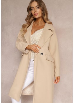 Jasnobeżowy Płaszcz Dwurzędowy Długi Tadde ze sklepu Renee odzież w kategorii Płaszcze damskie - zdjęcie 162811973