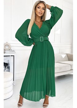 Plisowana sukienka z paskiem zielona 414-3 Klara, Kolor zielony, Rozmiar one size, NUMOCO BASIC ze sklepu Primodo w kategorii Sukienki - zdjęcie 162817593
