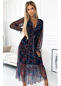 Długa sukienka z falbanami 476-2 Enrica, Kolor granatowy-wzór, Rozmiar one size, NUMOCO BASIC ze sklepu Primodo w kategorii Sukienki - zdjęcie 162817682