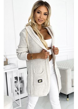 Beżowy kardigan damski z kapturem i kieszeniami 488-1, Kolor beżowy, Rozmiar one size, NUMOCO BASIC ze sklepu Primodo w kategorii Swetry damskie - zdjęcie 162817693