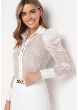 Biała Koronkowa Koszula z Przezroczystego Materiału Ozdobiona Cekinami Meligura ze sklepu Born2be Odzież w kategorii Koszule damskie - zdjęcie 162820590