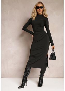 Czarna Sukienka Midi z Marszczeniem i Rozcięciem Vangia ze sklepu Renee odzież w kategorii Sukienki - zdjęcie 162852674
