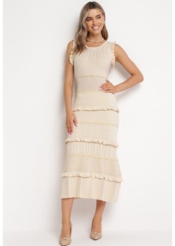 Beżowa Sweterkowa Sukienka Midi z Falbankami Gadise ze sklepu Born2be Odzież w kategorii Sukienki - zdjęcie 162888700