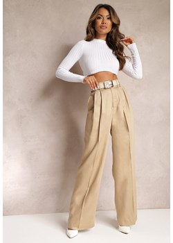 Beżowe Szerokie Spodnie High Waist z Kieszeniami Keanne ze sklepu Renee odzież w kategorii Spodnie damskie - zdjęcie 162889180