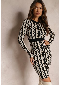 Beżowa Dopasowana Sukienka Dzianinowa w Geometryczny Wzór Grimau ze sklepu Renee odzież w kategorii Sukienki - zdjęcie 162925574