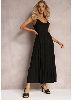 Czarna Bawełniana Sukienka Maxi z Wiązanymi Ramiączkami i Rozkloszowaną Falbaną Mariones ze sklepu Renee odzież w kategorii Sukienki - zdjęcie 162925614