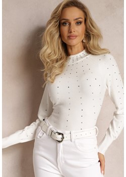 Biały Sweter Golf z Cyrkoniami z Przodu Jacque ze sklepu Renee odzież w kategorii Swetry damskie - zdjęcie 162925662