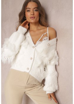 Biały Kardigan z Wiskozy i Piórami Rosein ze sklepu Renee odzież w kategorii Swetry damskie - zdjęcie 162928911
