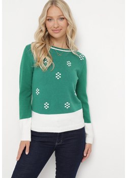 Zielony Sweter z Angorą Ozdobiony Kropeczkami i Szerokimi Wstawkami na Dole Chanci ze sklepu Born2be Odzież w kategorii Swetry damskie - zdjęcie 162946412