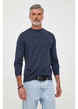 Armani Exchange sweter wełniany męski kolor granatowy lekki ze sklepu ANSWEAR.com w kategorii Swetry męskie - zdjęcie 163378230