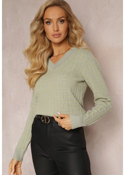 Miętowy Klasyczny Sweter z Dekoltem V w Geometryczny Wzór Challo ze sklepu Renee odzież w kategorii Swetry damskie - zdjęcie 163435014