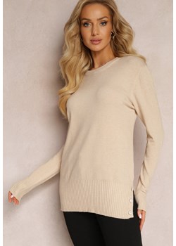 Jasnobeżowy Sweter z Dolnymi Rozcięciami i Ozdobnymi Guzikami Leomana ze sklepu Renee odzież w kategorii Swetry damskie - zdjęcie 163441602