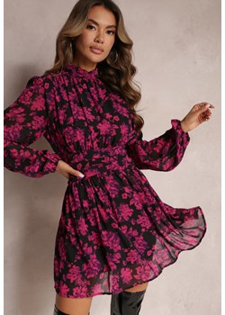 Różowa Rozkloszowana Sukienka w Kwiaty z Gumką w Pasie Jonerda ze sklepu Renee odzież w kategorii Sukienki - zdjęcie 163447073