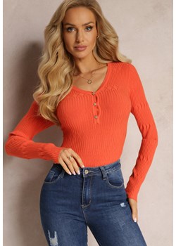 Pomarańczowy Sweter z Guzikami i Prążkowanej Dzianiny Albert ze sklepu Renee odzież w kategorii Swetry damskie - zdjęcie 163456513