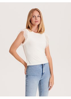 Reserved - T-shirt z ozdobnymi rękawami - złamana biel ze sklepu Reserved w kategorii Bluzki damskie - zdjęcie 163473912