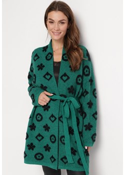 Zielony Kardigan z Graficznym Kwiatowym Wzorem i Wiązanym Paskiem Juulia ze sklepu Born2be Odzież w kategorii Swetry damskie - zdjęcie 163494642