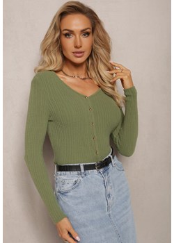 Zielony Prążkowany Kardigan Zapinany na Guziki Akoleva ze sklepu Renee odzież w kategorii Swetry damskie - zdjęcie 163501713