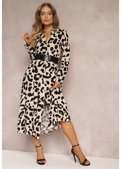 Beżowo-Czarna Sukienka Koszulowa w Cętki z Paskiem Canahy ze sklepu Renee odzież w kategorii Sukienki - zdjęcie 163540093
