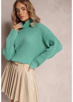 Zielony Sweter z Golfem z Prążkowanej Dzianiny i Opuszczoną Linią Ramion Nulia ze sklepu Renee odzież w kategorii Swetry damskie - zdjęcie 163564240