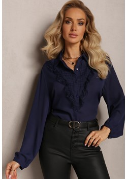 Granatowa Koszula z Falbanką i Koronkową Wstawką Hammonis ze sklepu Renee odzież w kategorii Koszule damskie - zdjęcie 163564440