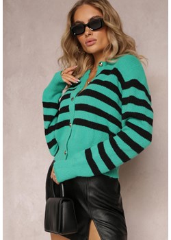 Zielony Luźny Krótki Kardigan Zapinany na Guziki w Paski Abburra ze sklepu Renee odzież w kategorii Swetry damskie - zdjęcie 163571013