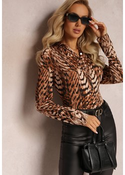 Brązowa Koszula Ozdobiona Animal Printem w Stylu Pasków Tygrysa Hontoria ze sklepu Renee odzież w kategorii Koszule damskie - zdjęcie 163571262