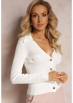 Biały Kardigan na Guziki z Trójkątnym Dekoltem Emlina ze sklepu Renee odzież w kategorii Swetry damskie - zdjęcie 163571272