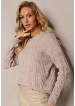 Beżowy Sweter z Okrągłym Dekoltem i Splotem w Warkocze Dawnitta ze sklepu Renee odzież w kategorii Swetry damskie - zdjęcie 163571450