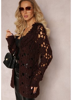 Ciemnobrązowy Ażurowy Kardigan z Wiązanym Paskiem Petrame ze sklepu Renee odzież w kategorii Swetry damskie - zdjęcie 163571512