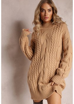 Beżowy Długi Sweter o Luźnym Kroju z Warkoczykowym Splotem Penerria ze sklepu Renee odzież w kategorii Swetry damskie - zdjęcie 163571522