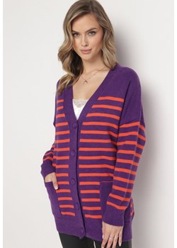 Fioletowy Długi Kardigan w Paski z Kieszeniami Fellesa ze sklepu Born2be Odzież w kategorii Swetry damskie - zdjęcie 163584001