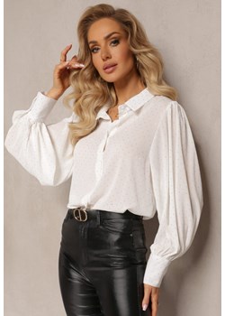 Biała Koszula z Bufiastym Rękawem i Zdobieniem z Cyrkonii Asolla ze sklepu Renee odzież w kategorii Koszule damskie - zdjęcie 163584403