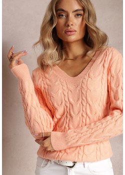 Pomarańczowy Sweter z Dekoltem w Serek w Ozdobny Splot Helgitta ze sklepu Renee odzież w kategorii Swetry damskie - zdjęcie 163584562