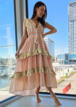 7403 Asymetryczna Bawełniana Maxi Sukienka Longoria Puder ze sklepu Ligari w kategorii Sukienki - zdjęcie 163586874