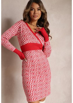 Czerwona Sukienka Mini ze Sweterkowej Dzianiny z Geometrycznym Wzorem Manounetta ze sklepu Renee odzież w kategorii Sukienki - zdjęcie 163588253