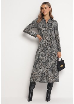 Czarno-Beżowa Koszulowa Sukienka Midi we Wzór Paisley Karolinn ze sklepu Born2be Odzież w kategorii Sukienki - zdjęcie 163591821