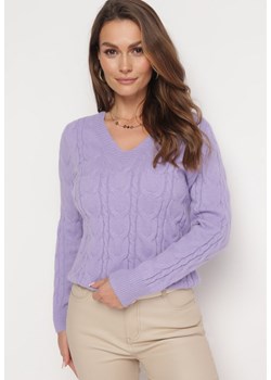 Fioletowy Sweter w Warkoczykowy Wzór z Dekoltem w Serek Marjas ze sklepu Born2be Odzież w kategorii Swetry damskie - zdjęcie 163597802