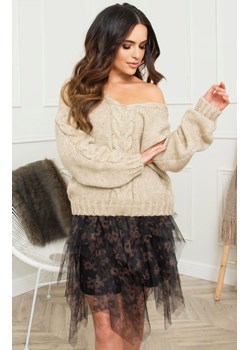 Beżowy sweter damski z warkoczowym splotem Laluna, Kolor beżowy, Rozmiar Oversize, KAMEA ze sklepu Primodo w kategorii Swetry damskie - zdjęcie 163614282