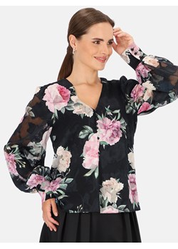 Granatowa bluzka w róże z mankietami L'AF Fabia ze sklepu Eye For Fashion w kategorii Bluzki damskie - zdjęcie 163620491