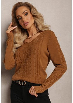 Brązowy Sweter ze Splotem w Warkocze i Dekoltem V Khara ze sklepu Renee odzież w kategorii Swetry damskie - zdjęcie 163633133