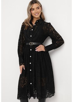 Czarna Koronkowa Midi Sukienka Koszulowa z Halką o Rozkloszowanym Fasonie Heilbua ze sklepu Born2be Odzież w kategorii Sukienki - zdjęcie 163638624