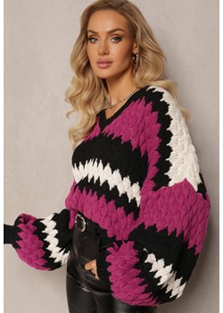 Fuksjowy Oversize Sweter z Trójkątnym Dekoltem z Ozdobnej Dzianiny Klinerda ze sklepu Renee odzież w kategorii Swetry damskie - zdjęcie 163639022