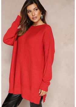 Czerwony Oversizowy Sweter o Przedłużonym Fasonie z Rękawami Typu Nietoperz Porunxa ze sklepu Renee odzież w kategorii Swetry damskie - zdjęcie 163639092