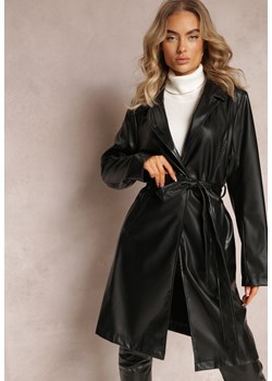 Czarny Jednorzędowy Płaszcz z Ekoskóry i Wiązanym Paskiem w Talii Onagia ze sklepu Renee odzież w kategorii Płaszcze damskie - zdjęcie 163646610