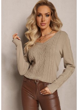 Beżowy Sweter ze Splotem w Warkocze i Dekoltem V Khara ze sklepu Renee odzież w kategorii Swetry damskie - zdjęcie 163646830