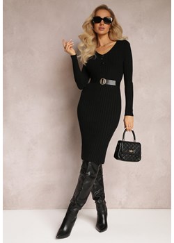 Czarna Dzianinowa Sukienka Dopasowana z Paskiem Greviana ze sklepu Renee odzież w kategorii Sukienki - zdjęcie 163653490