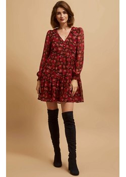 Wzorzysta sukienka z rozkloszowanym dołem 4215, Kolor czerwony-wzór, Rozmiar XS, Moodo ze sklepu Primodo w kategorii Sukienki - zdjęcie 163658871
